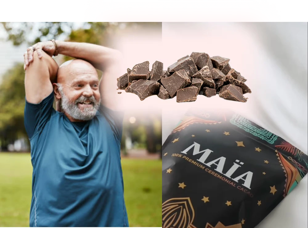 Man stretching outdoors, chocolate pieces, and a cacao package.